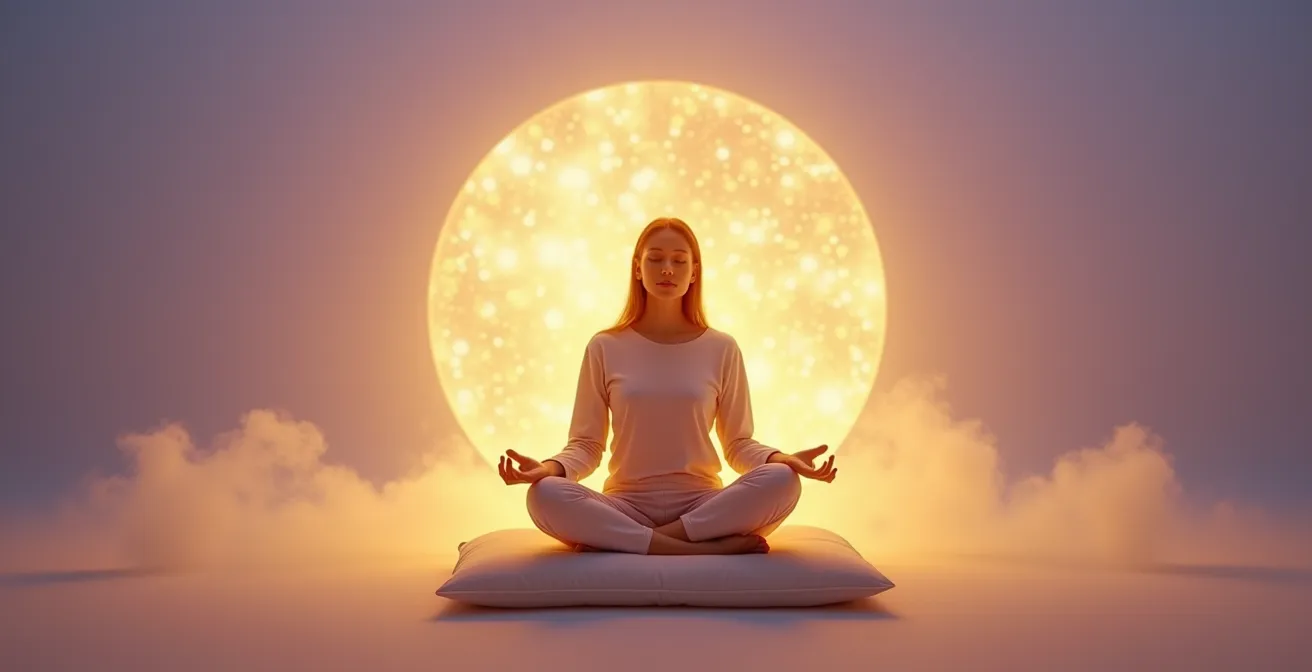 Personne en méditation entourée d'une sphère lumineuse dorée protectrice
