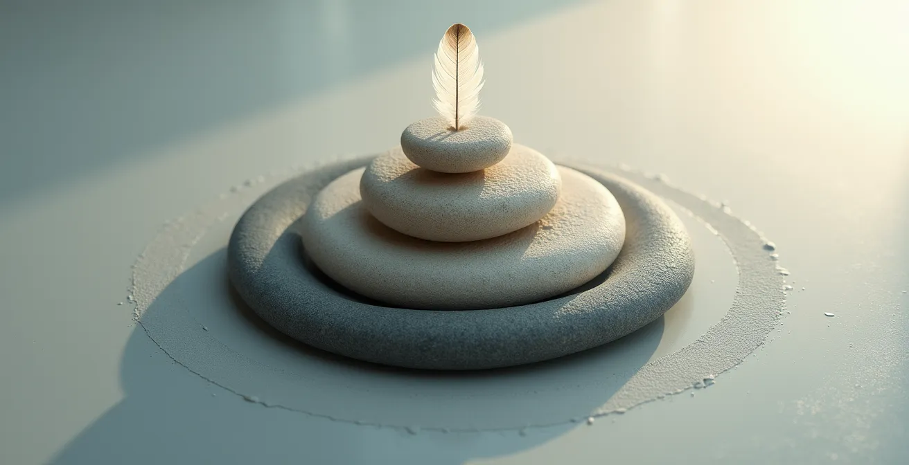 Composition symbolique représentant les trois niveaux de guérison avec des éléments naturels