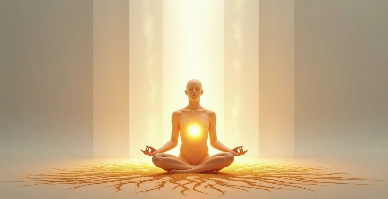 Personne debout en position de centrage avec visualisation énergétique des trois phases respiratoires