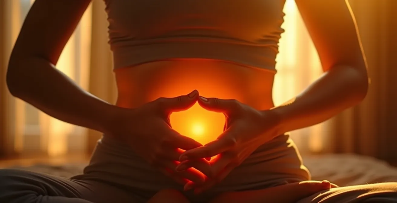 Vue rapprochée d'une personne pratiquant la respiration abdominale avec une lumière dorée symbolique au niveau du plexus