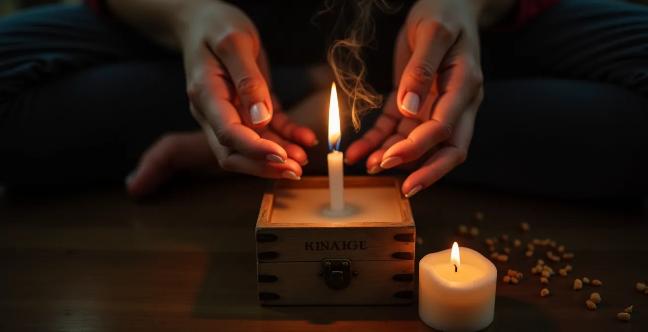Mains tenant délicatement un objet ancien au-dessus d'une bougie allumée dans une ambiance tamisée