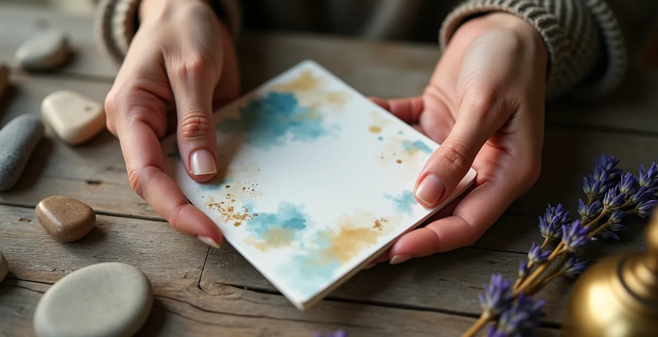 Mains tenant délicatement une carte oracle au-dessus d'une table en bois naturel