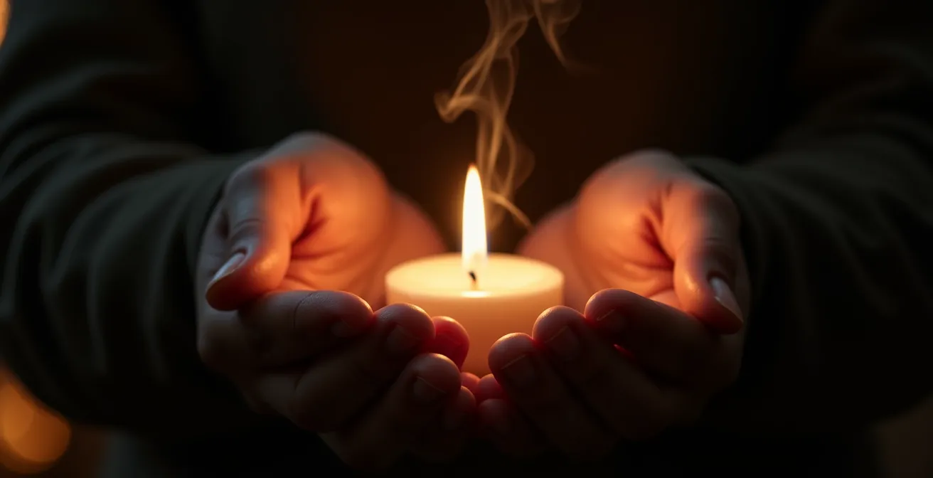 Mains tenant une bougie blanche allumée dans l'obscurité, symbolisant le renouveau après l'acceptation