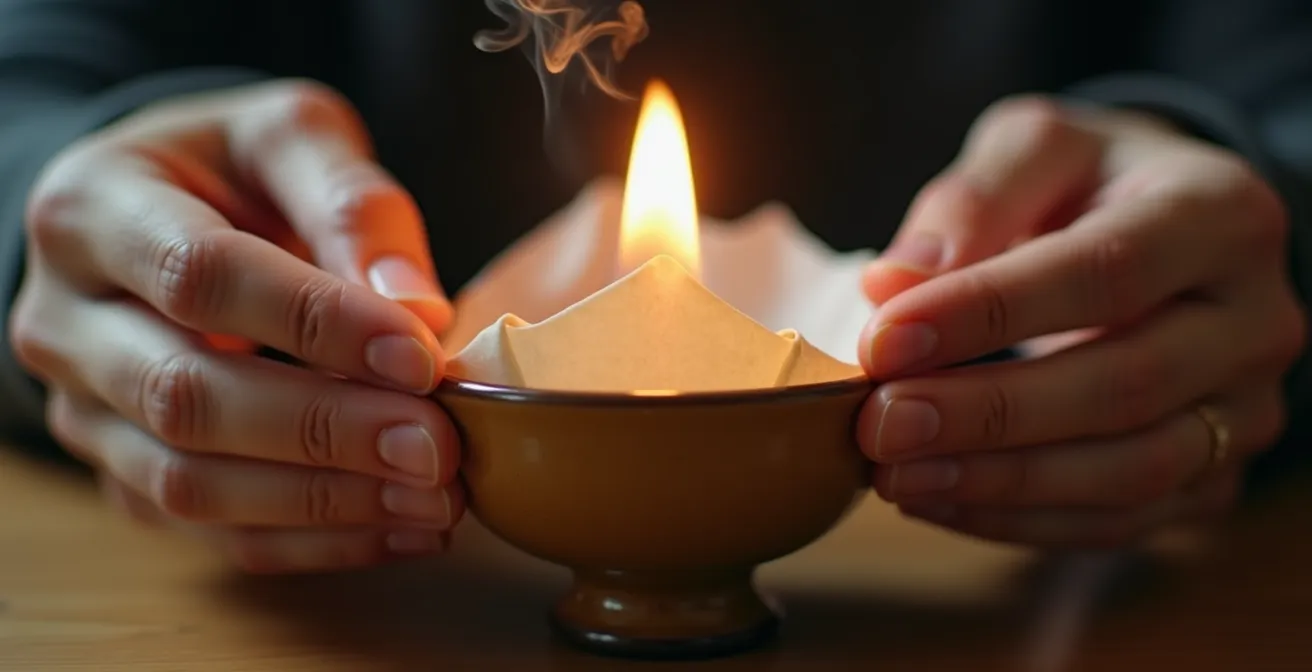 Mains tenant une lettre au-dessus d'une flamme dans un bol en céramique