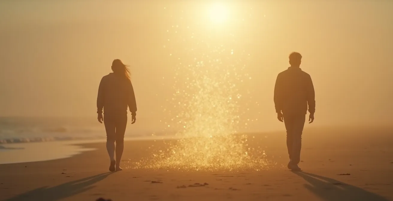 Deux silhouettes s'éloignant dans des directions opposées avec des fils dorés se dissolvant entre elles