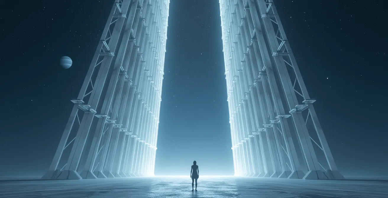 Une représentation métaphorique de Saturne comme architecte cosmique construisant un échafaudage de lumière