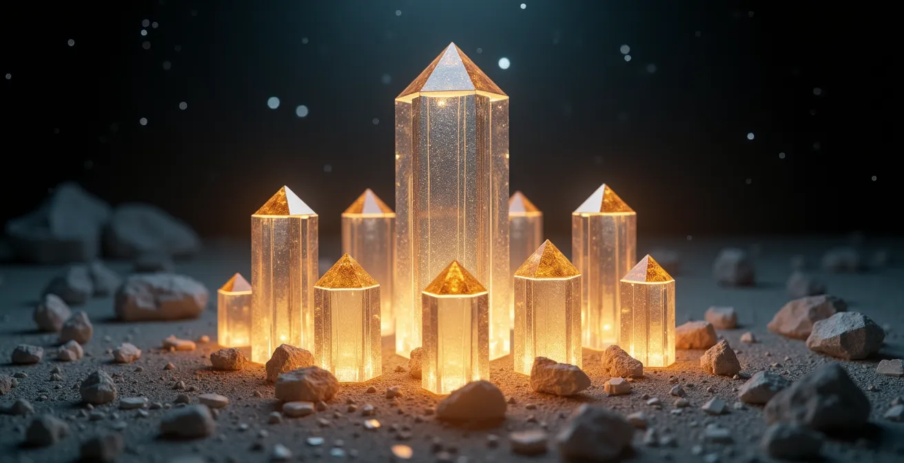 Architecture géométrique cristalline symbolisant la structure saturnienne avec des lignes de force dorées