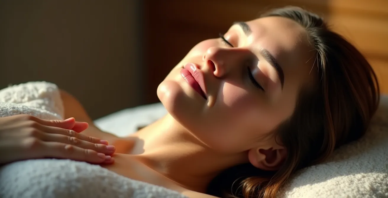 Personne en position allongée pratiquant un scan corporel méditatif avec visualisation énergétique