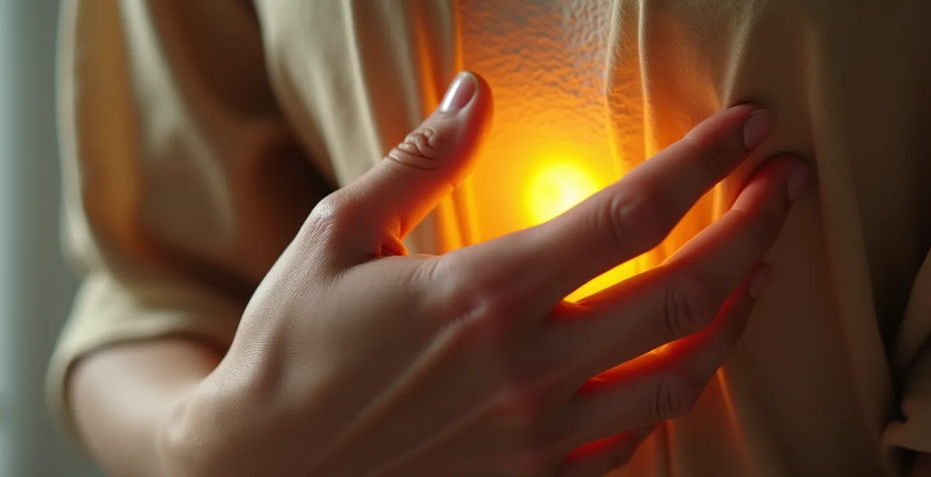 Vue macro sur une main posée sur le plexus solaire avec ondulations énergétiques visibles