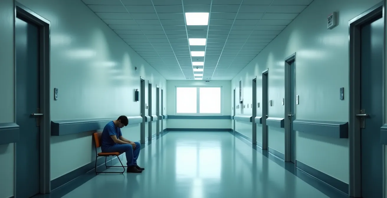 Vue large d'un couloir d'hôpital désert avec un soignant assis seul sur un banc