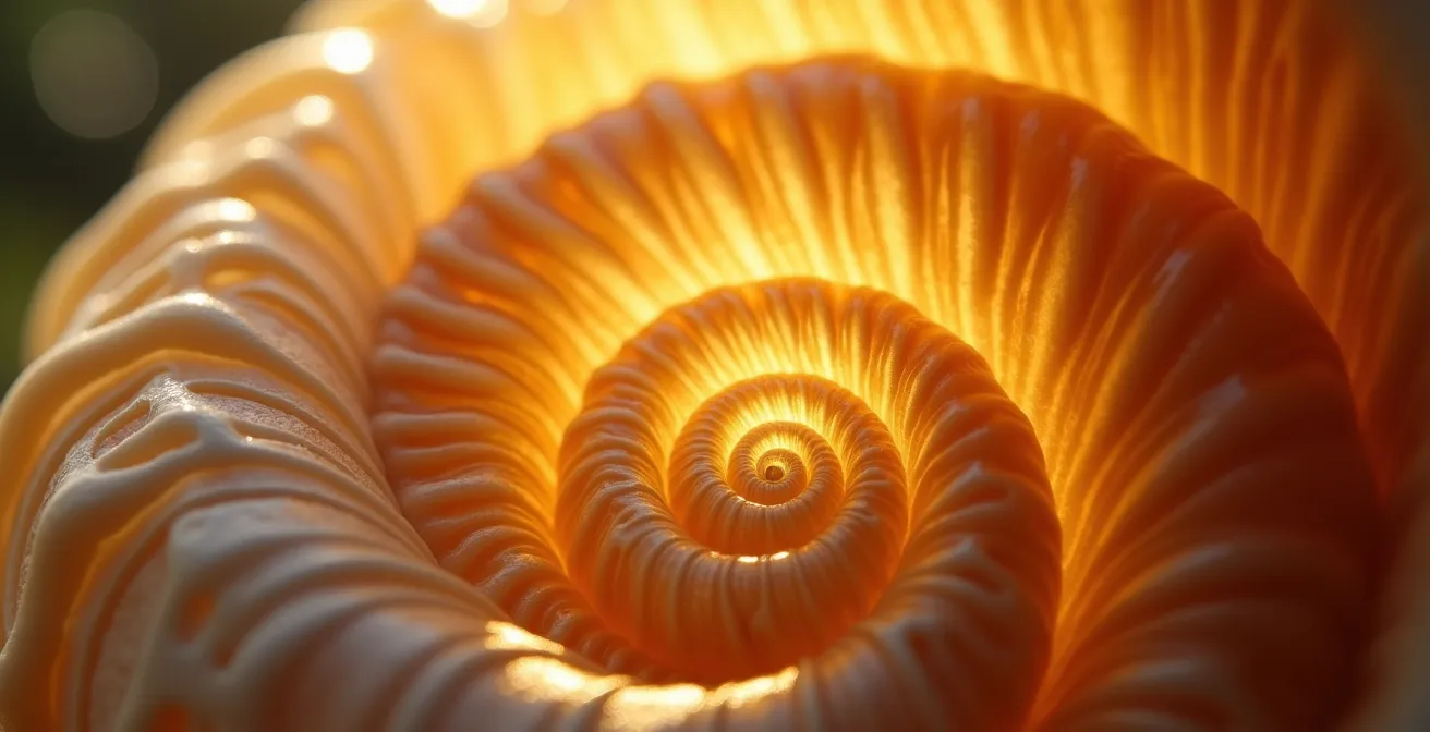 Vue macro d'une spirale naturelle de coquillage avec jeu de lumière dorée traversant ses courbes