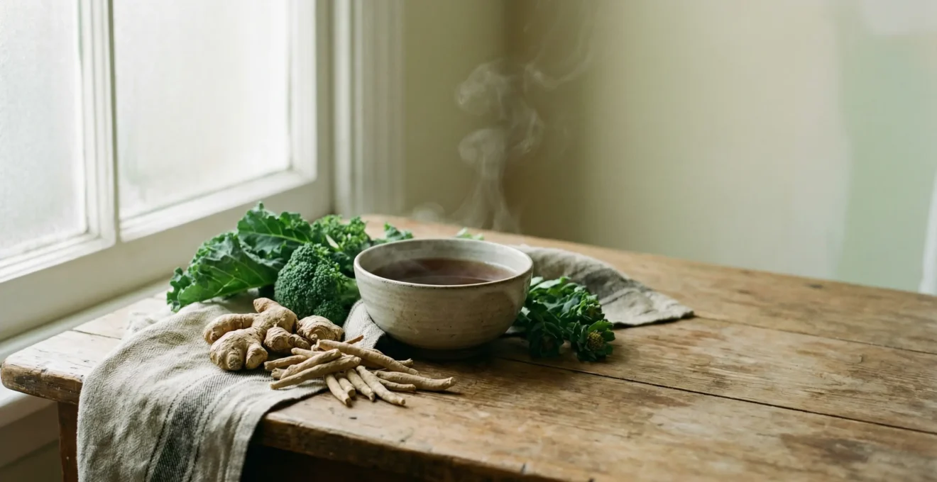 Une composition harmonieuse de plantes adaptogènes et d'aliments anti-stress dans un environnement naturel apaisant