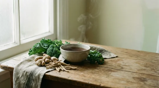 Une composition harmonieuse de plantes adaptogènes et d'aliments anti-stress dans un environnement naturel apaisant