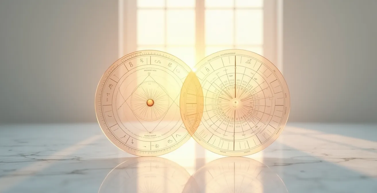 Deux cercles astrologiques transparents superposés avec effet de lumière dorée