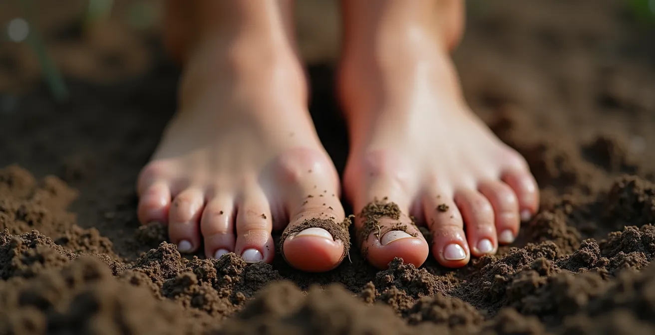 Vue macro sur des pieds nus touchant de la terre humide avec des racines visibles