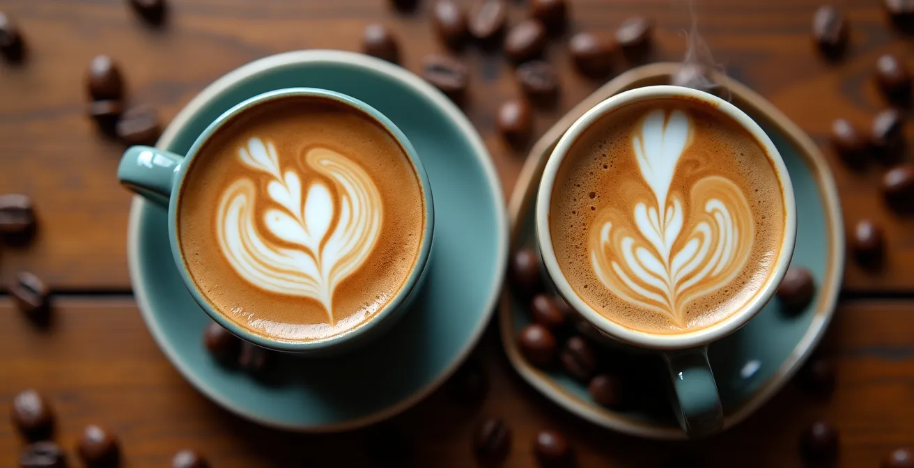 Gros plan sur deux tasses de café dont la vapeur forme des spirales entrelacées suggérant les cycles planétaires