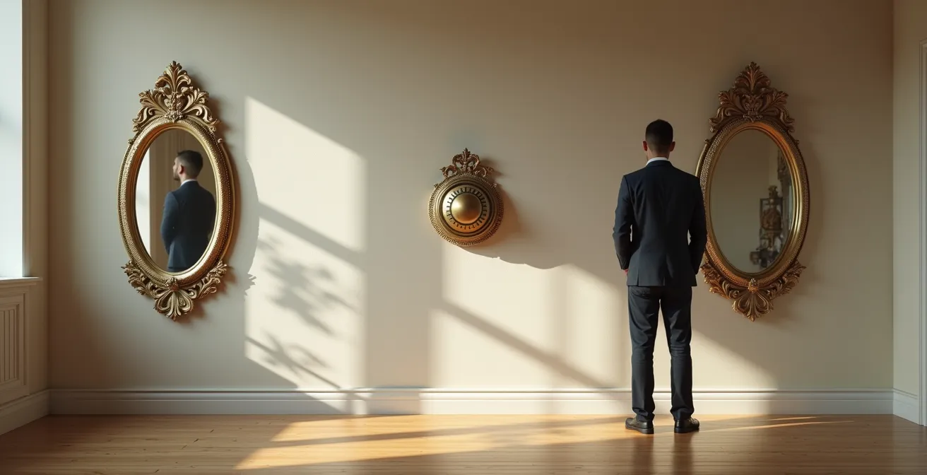 Homme regardant un vieux thermostat mural en arrière-plan flou avec son reflet multiple dans des miroirs