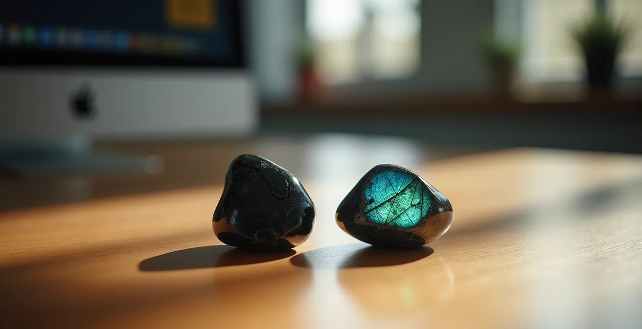 Pierres de tourmaline noire et labradorite posées sur un bureau en bois minimaliste