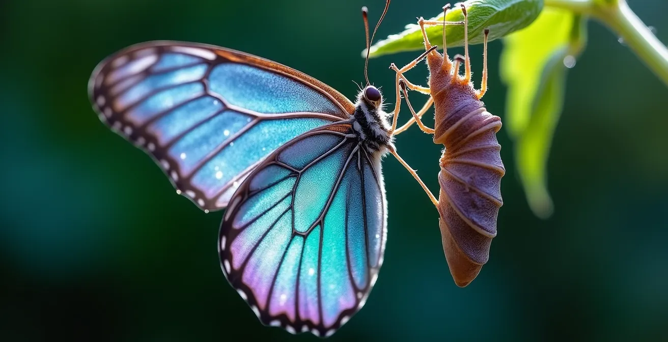 Métamorphose d'une chrysalide en papillon symbolisant la transformation uranienne
