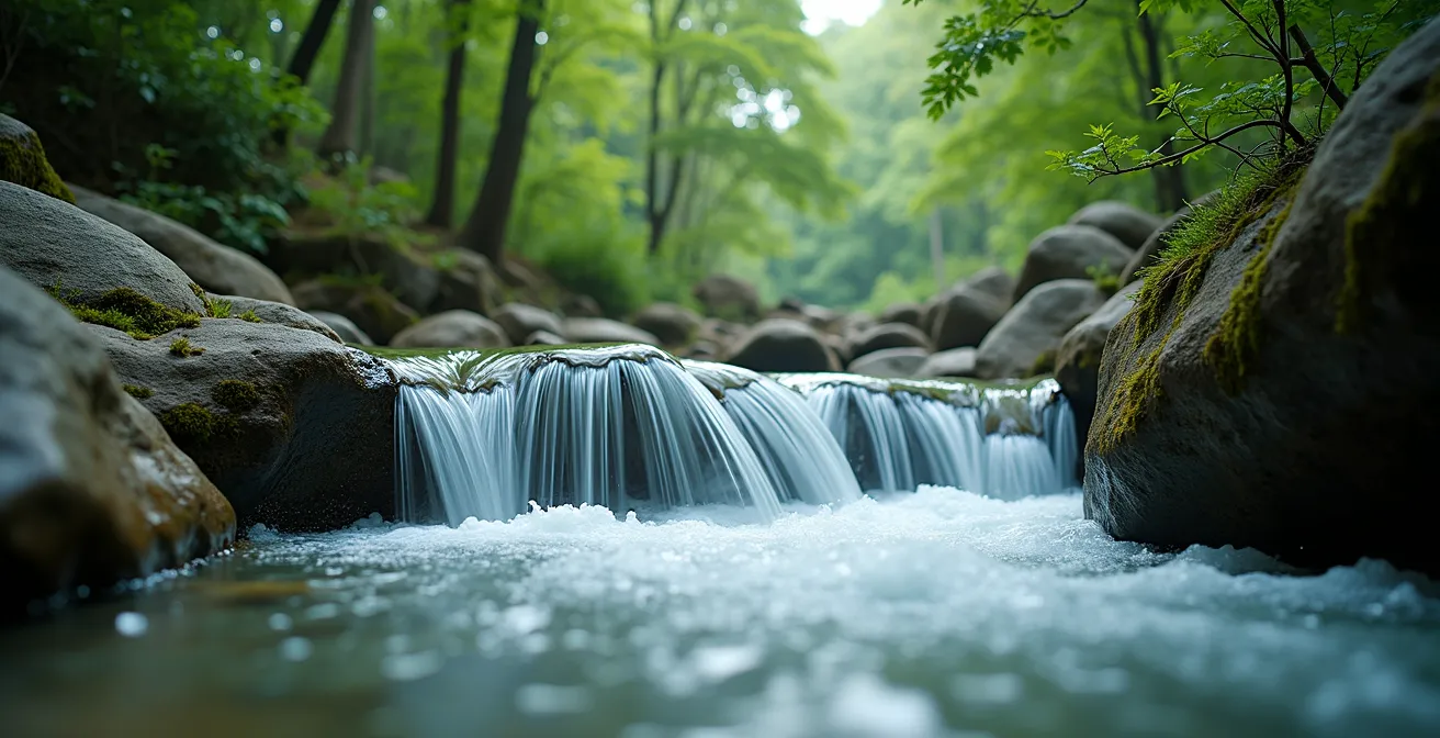 Cascade d'eau cristalline dans un environnement naturel apaisant symbolisant la purification énergétique